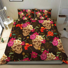 Floral Skull Dark Orange Duvet Cover Set - Wonder Skull