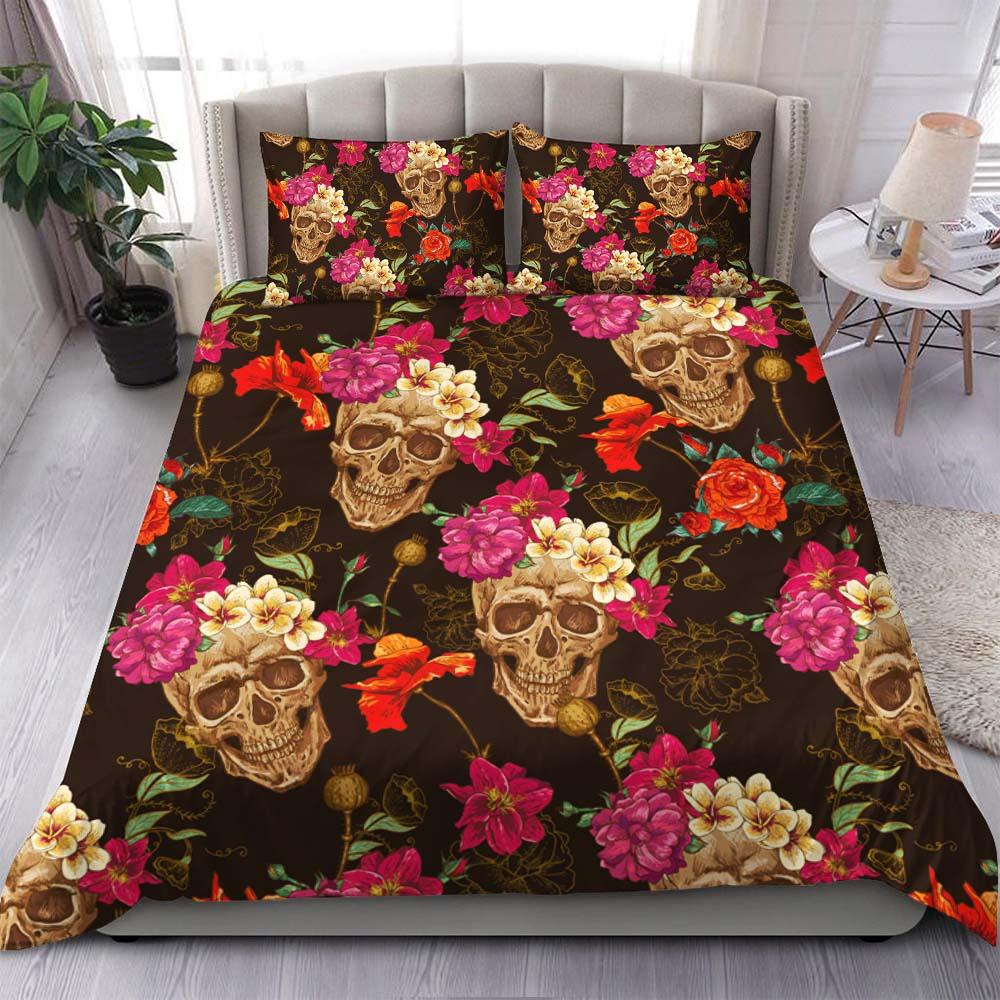 Floral Skull Dark Orange Duvet Cover Set - Wonder Skull