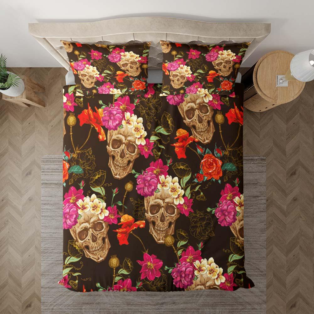 Floral Skull Dark Orange Duvet Cover Set - Wonder Skull