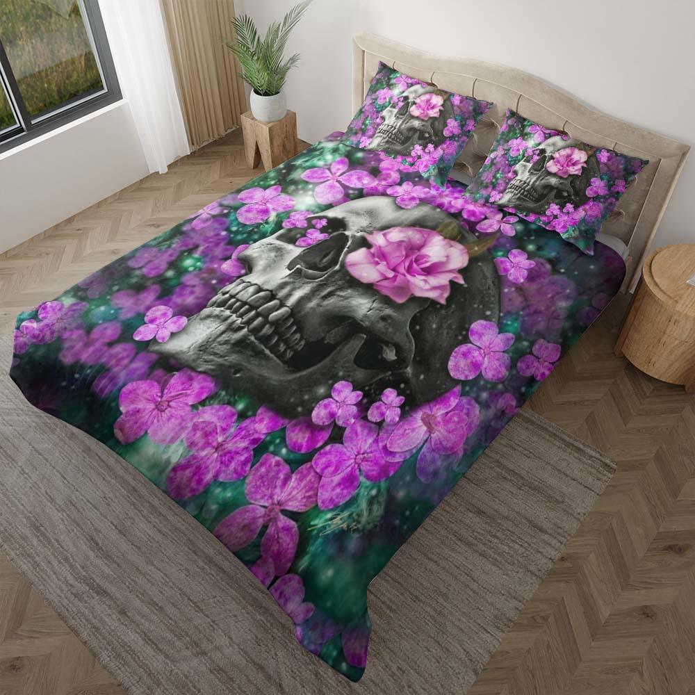 Galaxy Flowers Skull Pattern Duvet Cover Set - Wonder Skull