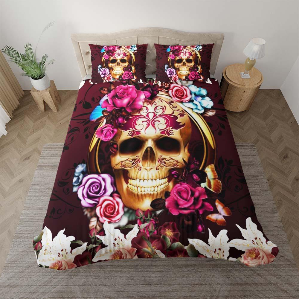 Gold Skull Red Flower Duvet Cover Set - Wonder Skull
