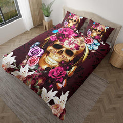 Gold Skull Red Flower Duvet Cover Set - Wonder Skull