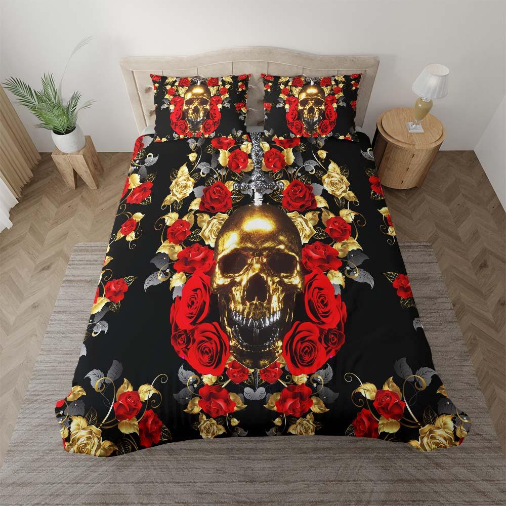 Gold Skull Rose Duvet Cover Set - Wonder Skull