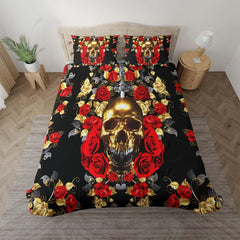 Gold Skull Rose Duvet Cover Set - Wonder Skull