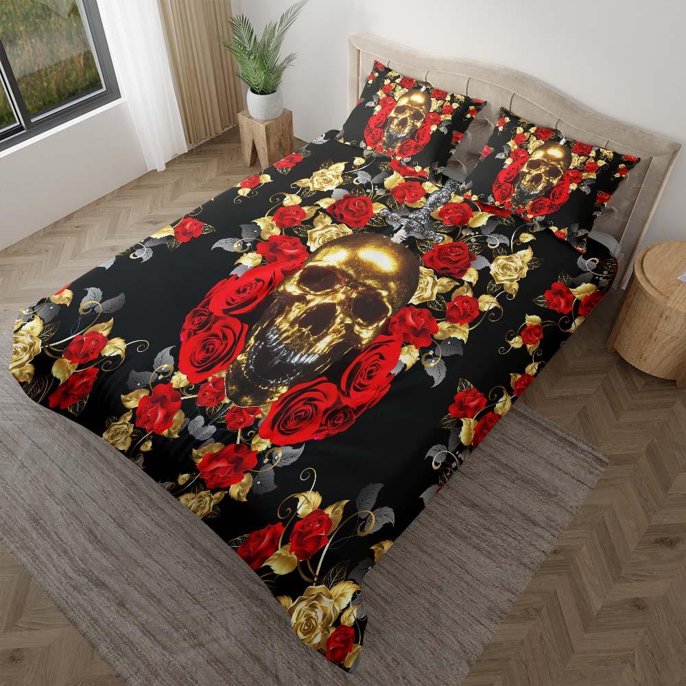 Gold Skull Rose Duvet Cover Set - Wonder Skull