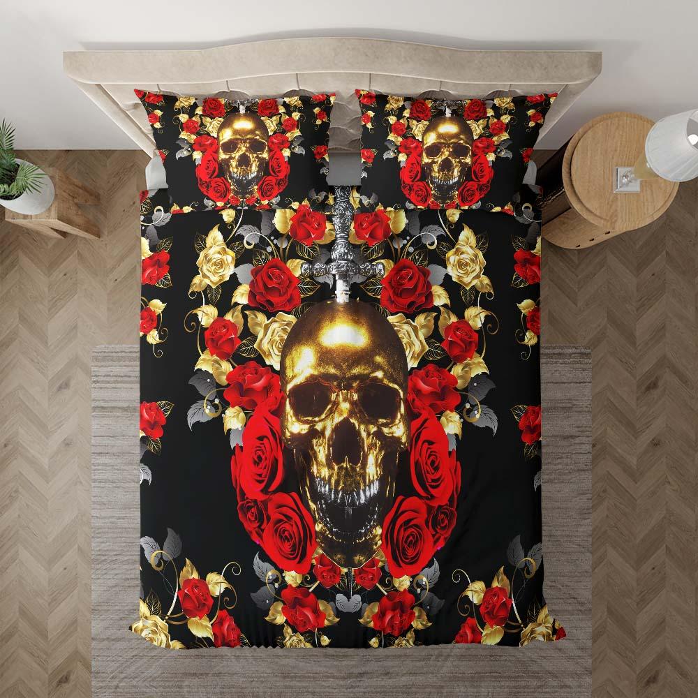 Gold Skull Rose Duvet Cover Set - Wonder Skull