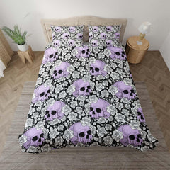 Gothic Light Violet Skull Rose Pattern Duvet Cover Set - Wonder Skull