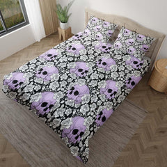 Gothic Light Violet Skull Rose Pattern Duvet Cover Set - Wonder Skull