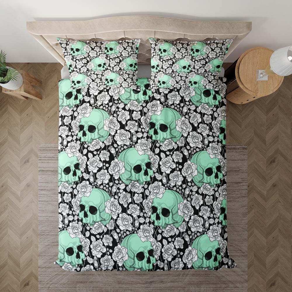 Gothic Lime Green Skull Rose Pattern Duvet Cover Set - Wonder Skull