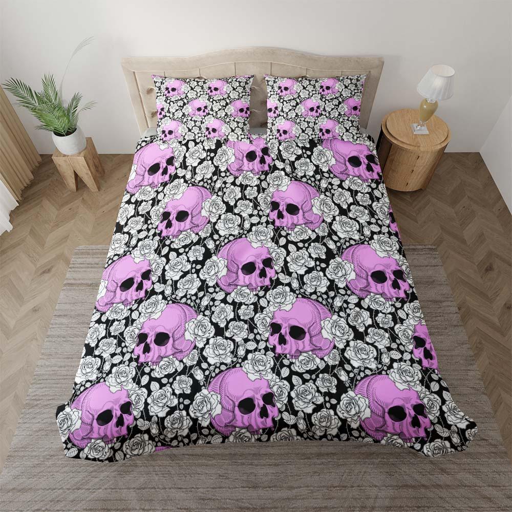 Gothic Magenta Skull Rose Pattern Duvet Cover Set - Wonder Skull