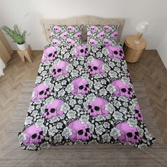 Gothic Magenta Skull Rose Pattern Duvet Cover Set - Wonder Skull