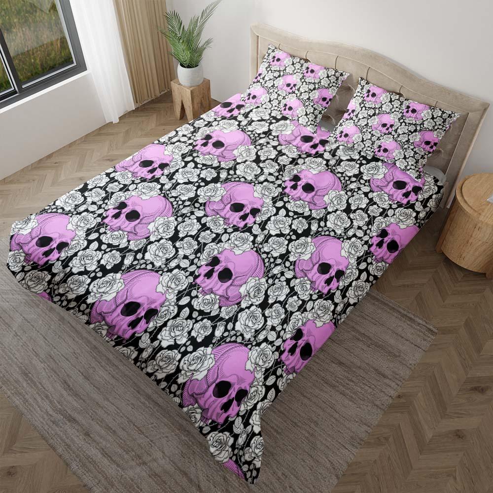 Gothic Magenta Skull Rose Pattern Duvet Cover Set - Wonder Skull