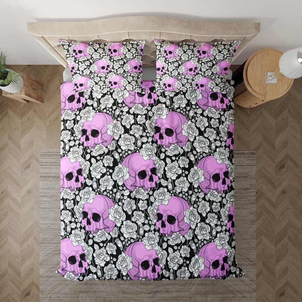 Gothic Magenta Skull Rose Pattern Duvet Cover Set - Wonder Skull