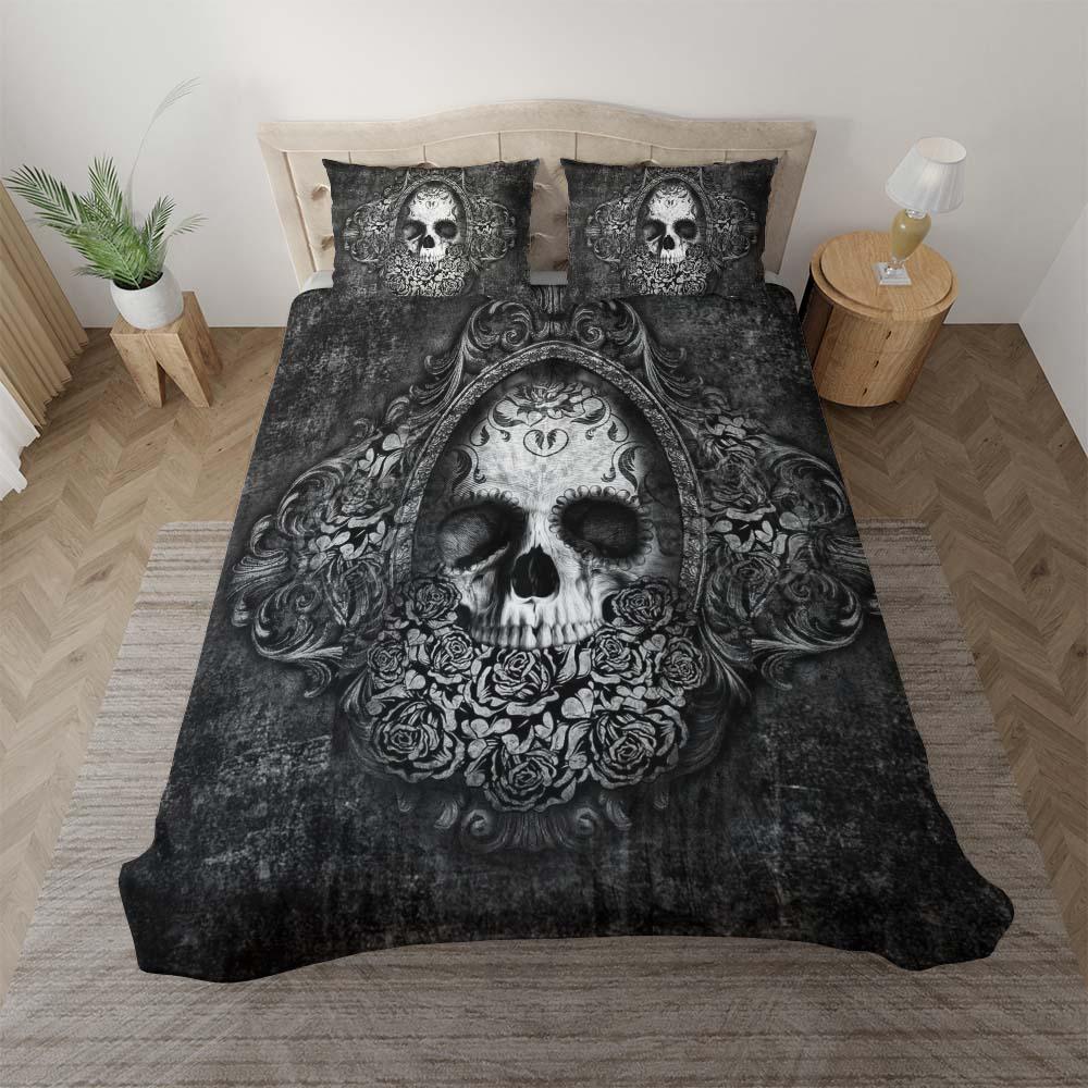 Gothic Mirror Skull Rose Duvet Cover Set - Wonder Skull