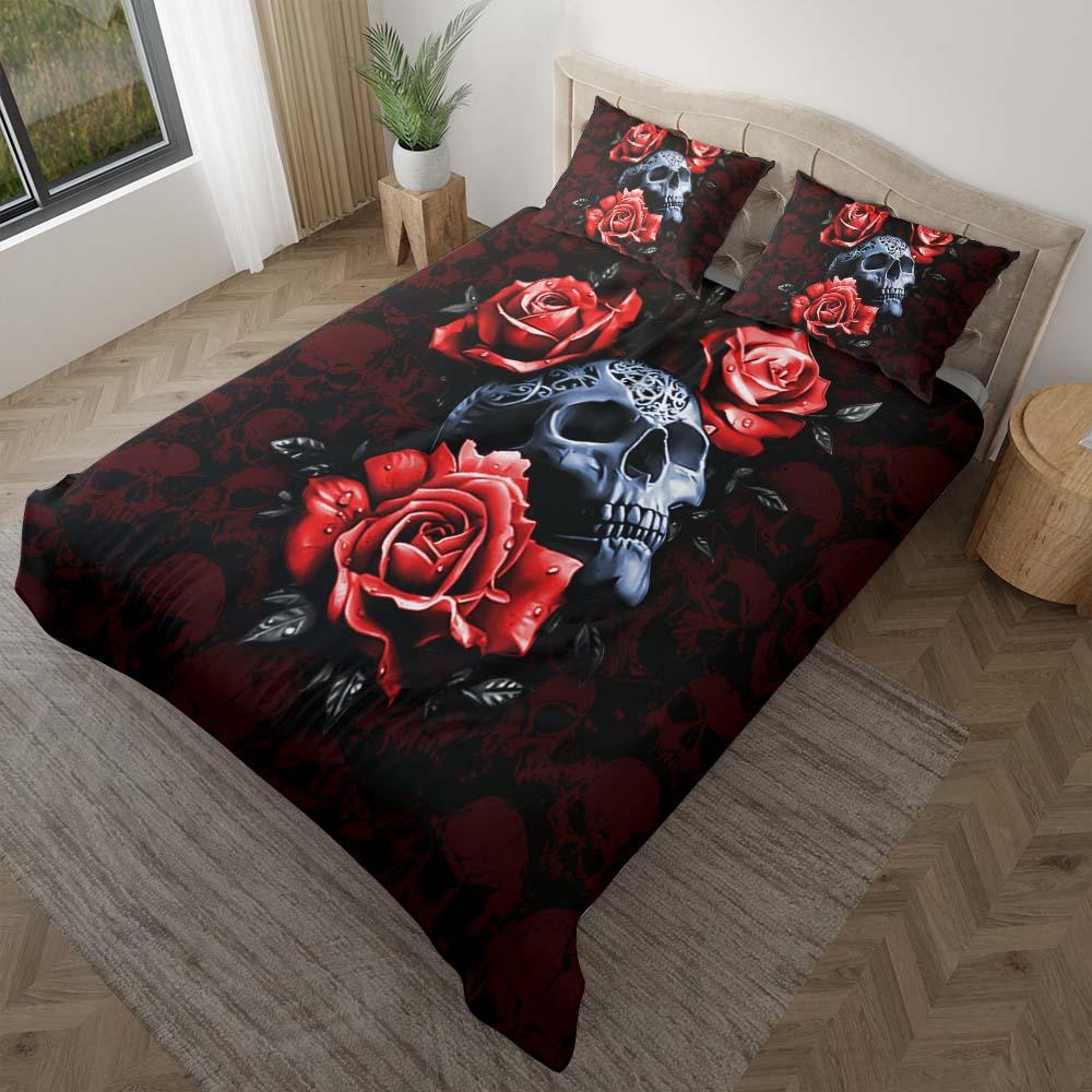 Gothic Skull Rose Duvet Cover Set - Wonder Skull