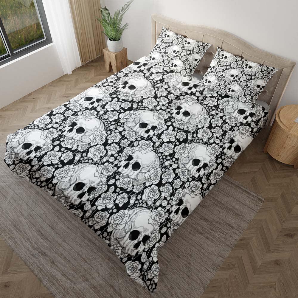 Gothic White Skull Rose Pattern Duvet Cover Set - Wonder Skull