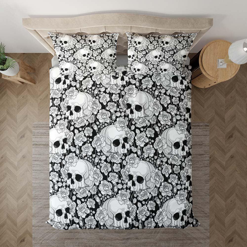 Gothic White Skull Rose Pattern Duvet Cover Set - Wonder Skull
