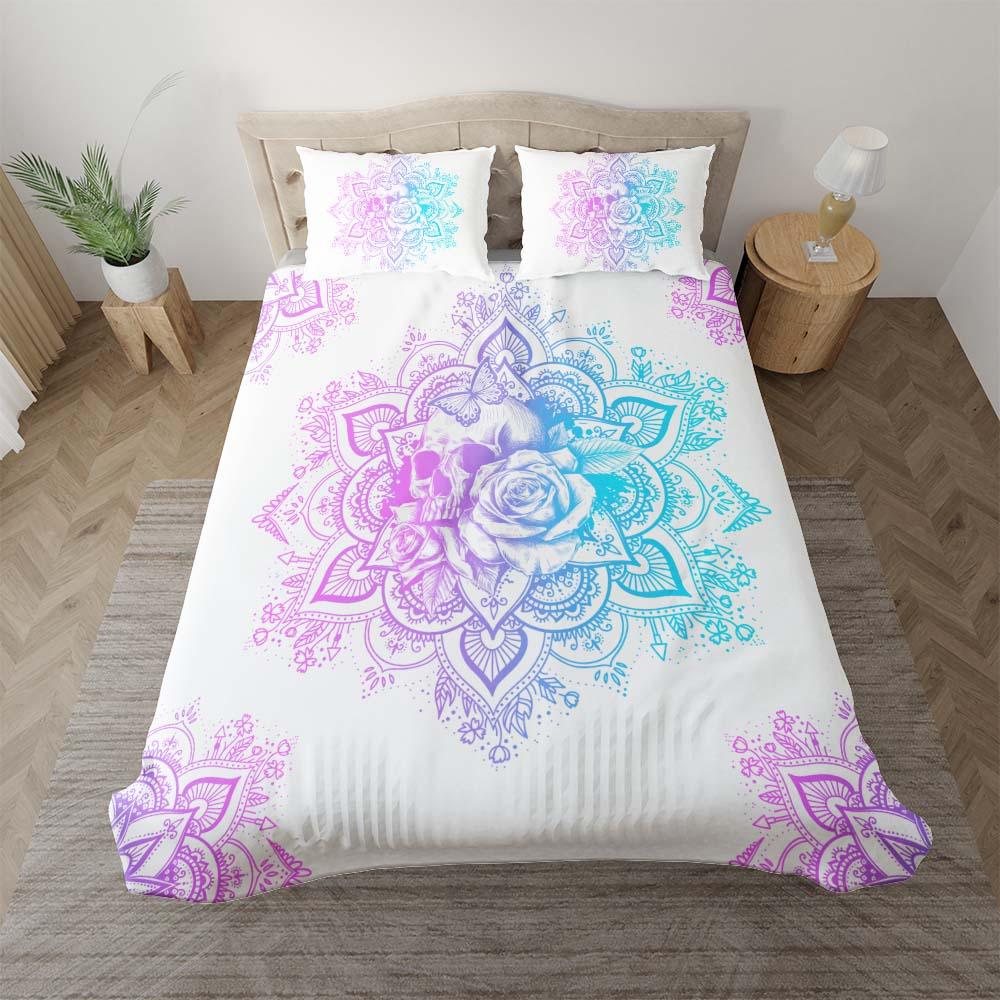 Holographic Mandala Skull Lily Flowers Duvet Cover Set - Wonder Skull