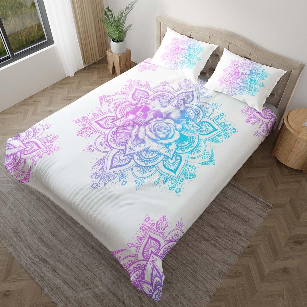 Holographic Mandala Skull Lily Flowers Duvet Cover Set - Wonder Skull