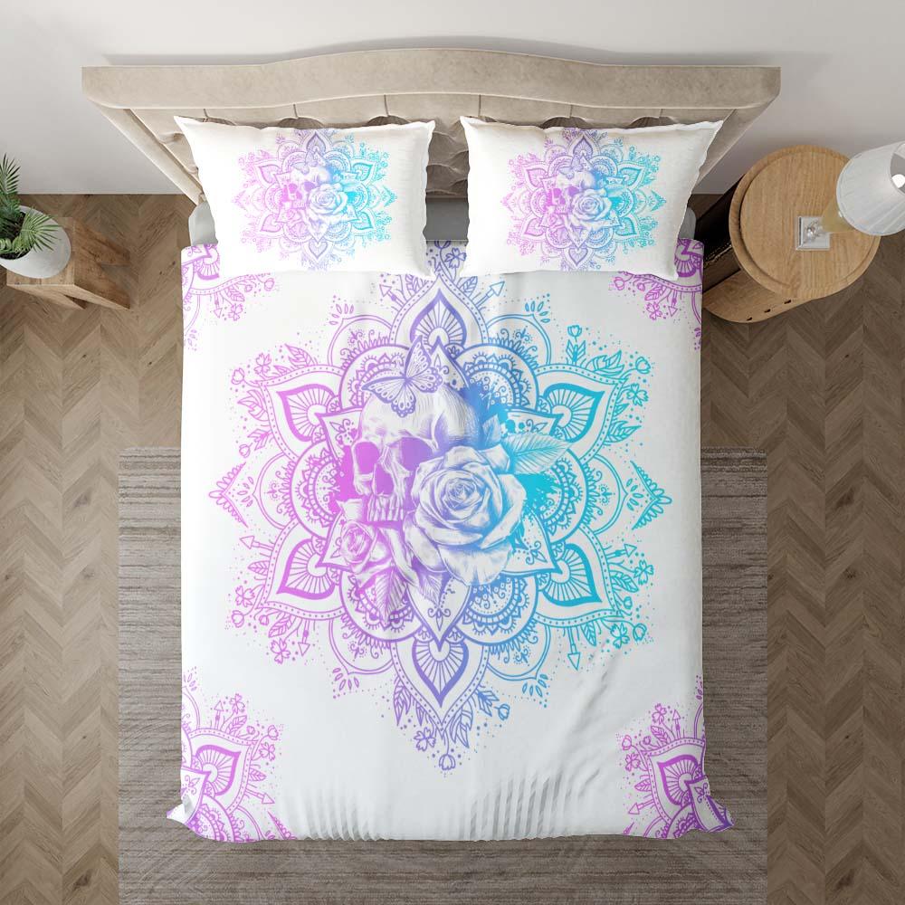 Holographic Mandala Skull Lily Flowers Duvet Cover Set - Wonder Skull