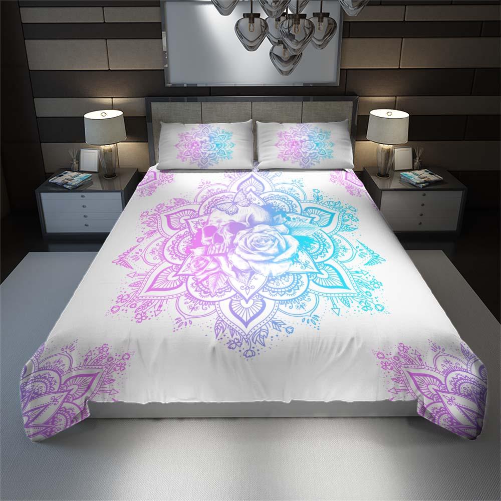 Holographic Mandala Skull Lily Flowers Duvet Cover Set - Wonder Skull