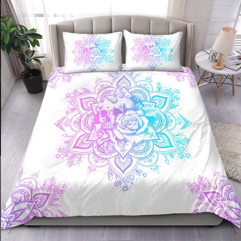 Holographic Mandala Skull Lily Flowers Duvet Cover Set - Wonder Skull