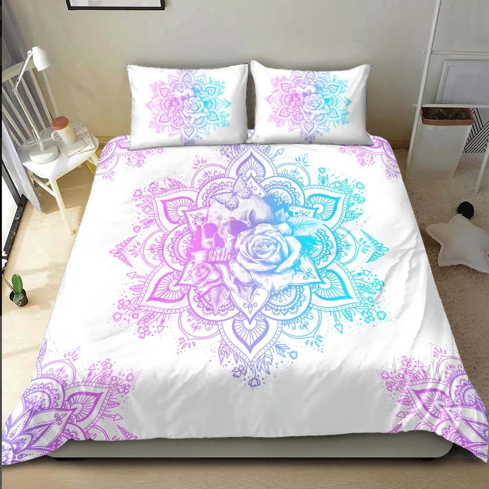Holographic Mandala Skull Lily Flowers Duvet Cover Set - Wonder Skull
