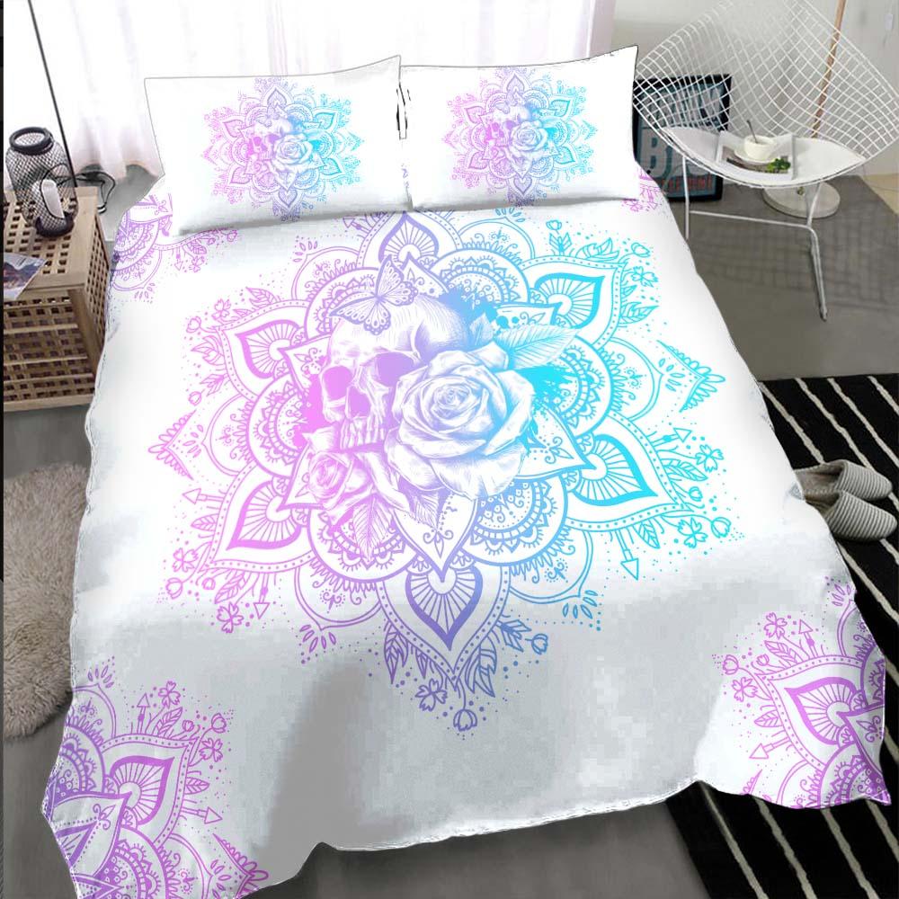 Holographic Mandala Skull Lily Flowers Duvet Cover Set - Wonder Skull