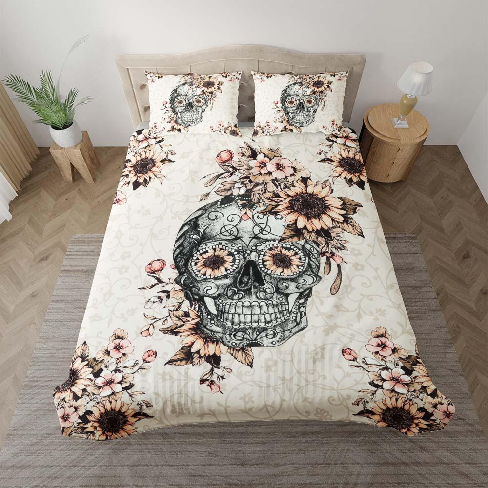 Grayish Orange Sunflower Sugar Skull Duvet Cover Set - Wonder Skull