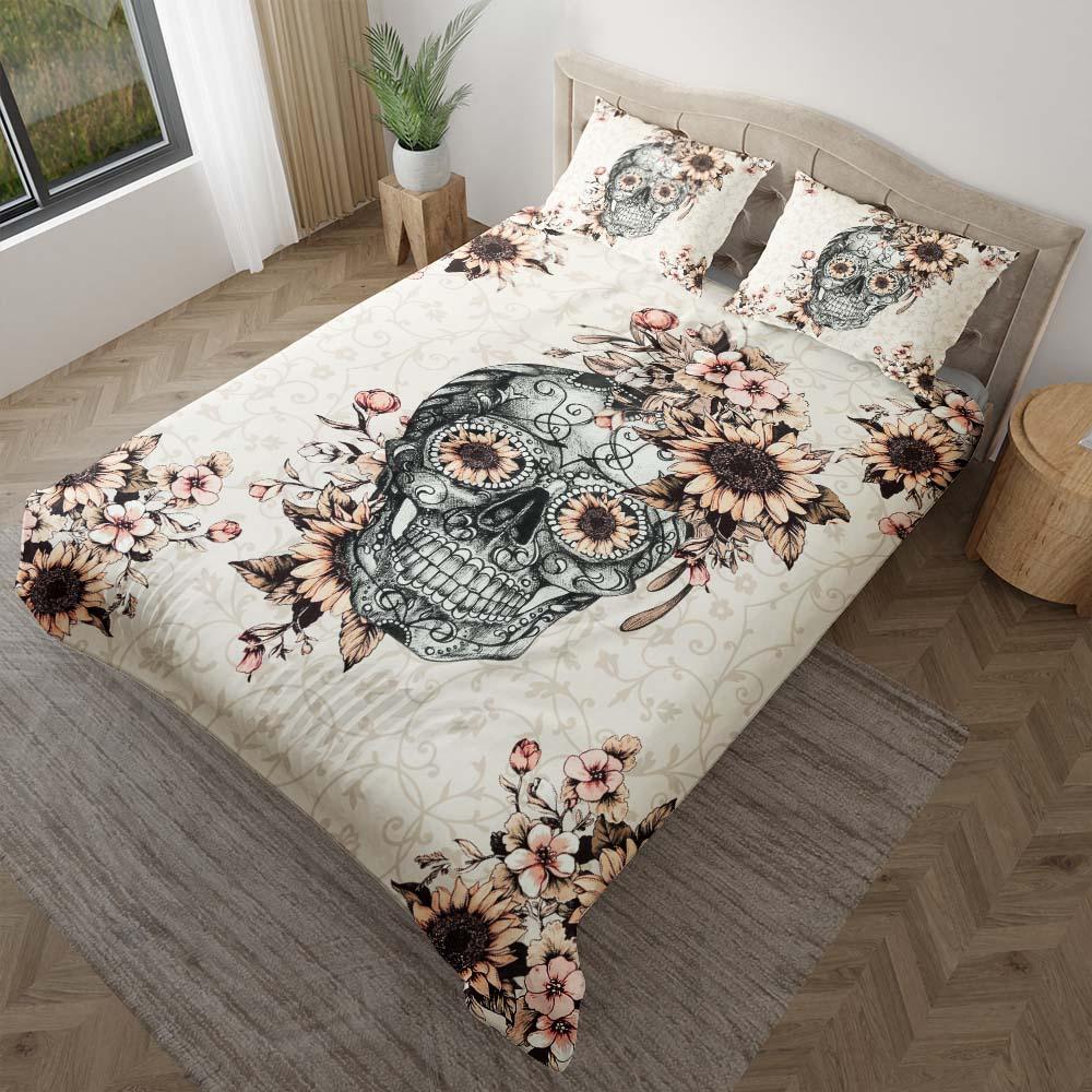 Grayish Orange Sunflower Sugar Skull Duvet Cover Set - Wonder Skull