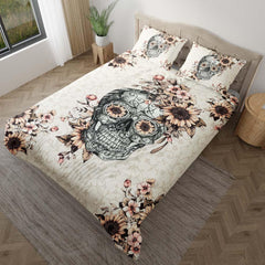 Grayish Orange Sunflower Sugar Skull Duvet Cover Set - Wonder Skull
