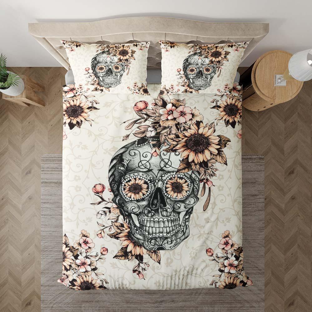 Grayish Orange Sunflower Sugar Skull Duvet Cover Set - Wonder Skull