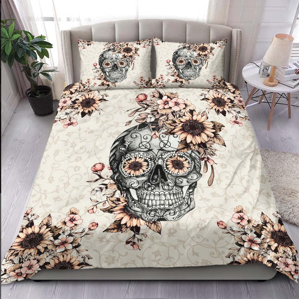 Grayish Orange Sunflower Sugar Skull Duvet Cover Set - Wonder Skull