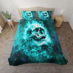 Green Flame Skull Rose Duvet Cover Set - Wonder Skull
