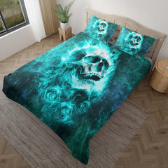 Green Flame Skull Rose Duvet Cover Set - Wonder Skull