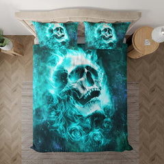Green Flame Skull Rose Duvet Cover Set - Wonder Skull