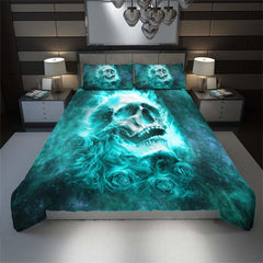 Green Flame Skull Rose Duvet Cover Set - Wonder Skull