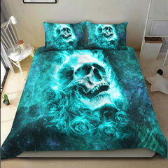 Green Flame Skull Rose Duvet Cover Set - Wonder Skull