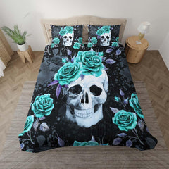 Green Flower With Skull Duvet Cover Set - Wonder Skull