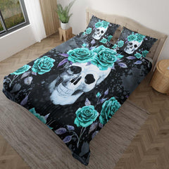Green Flower With Skull Duvet Cover Set - Wonder Skull