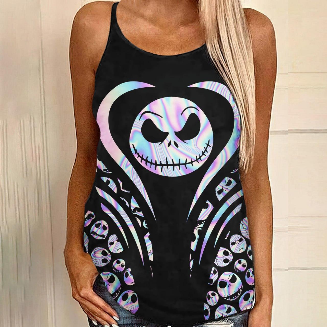 Holographic Gothic Open Back Tank Top And Leggings Set - Wonder Skull
