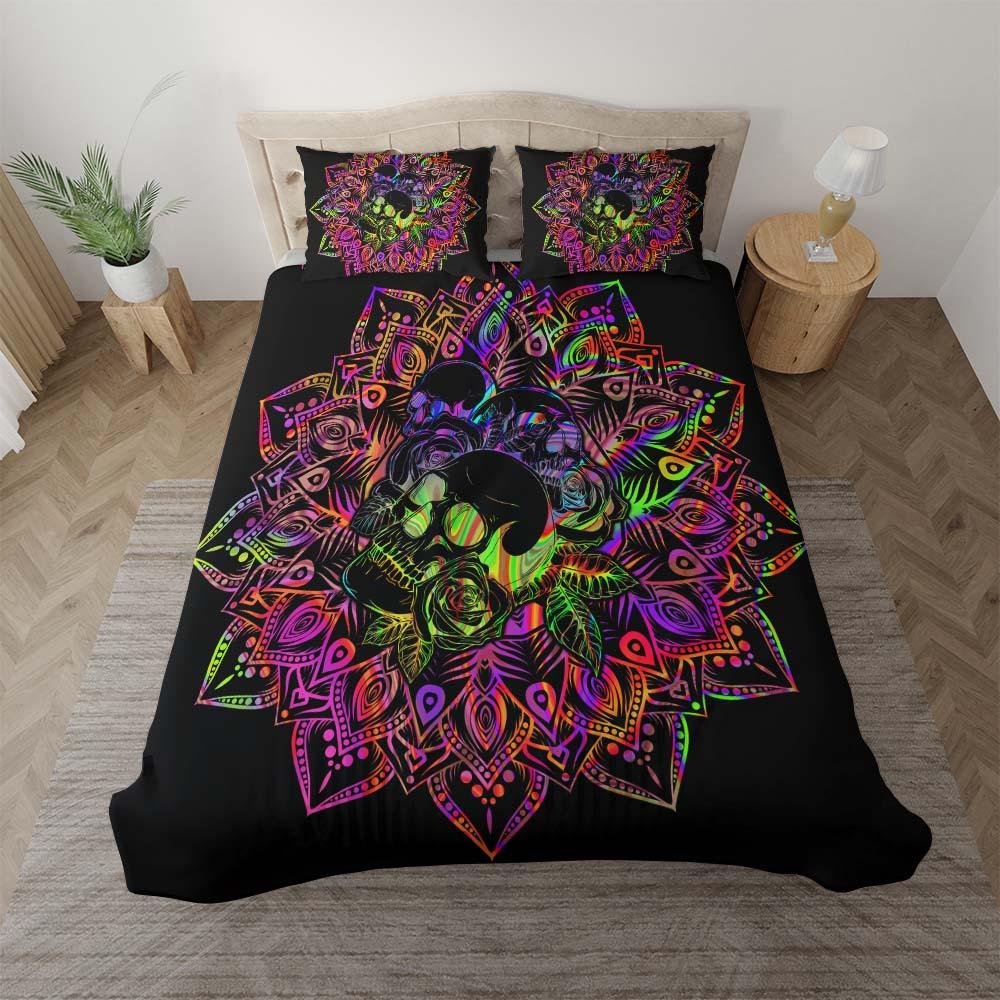 Holographic Mandala Skull With Flower Duvet Cover Set - Wonder Skull