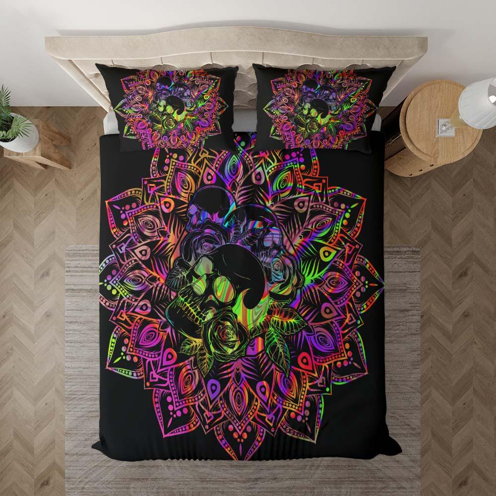Holographic Mandala Skull With Flower Duvet Cover Set - Wonder Skull