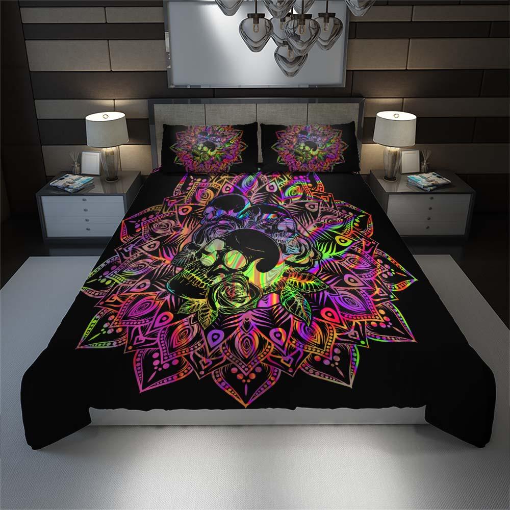 Holographic Mandala Skull With Flower Duvet Cover Set - Wonder Skull