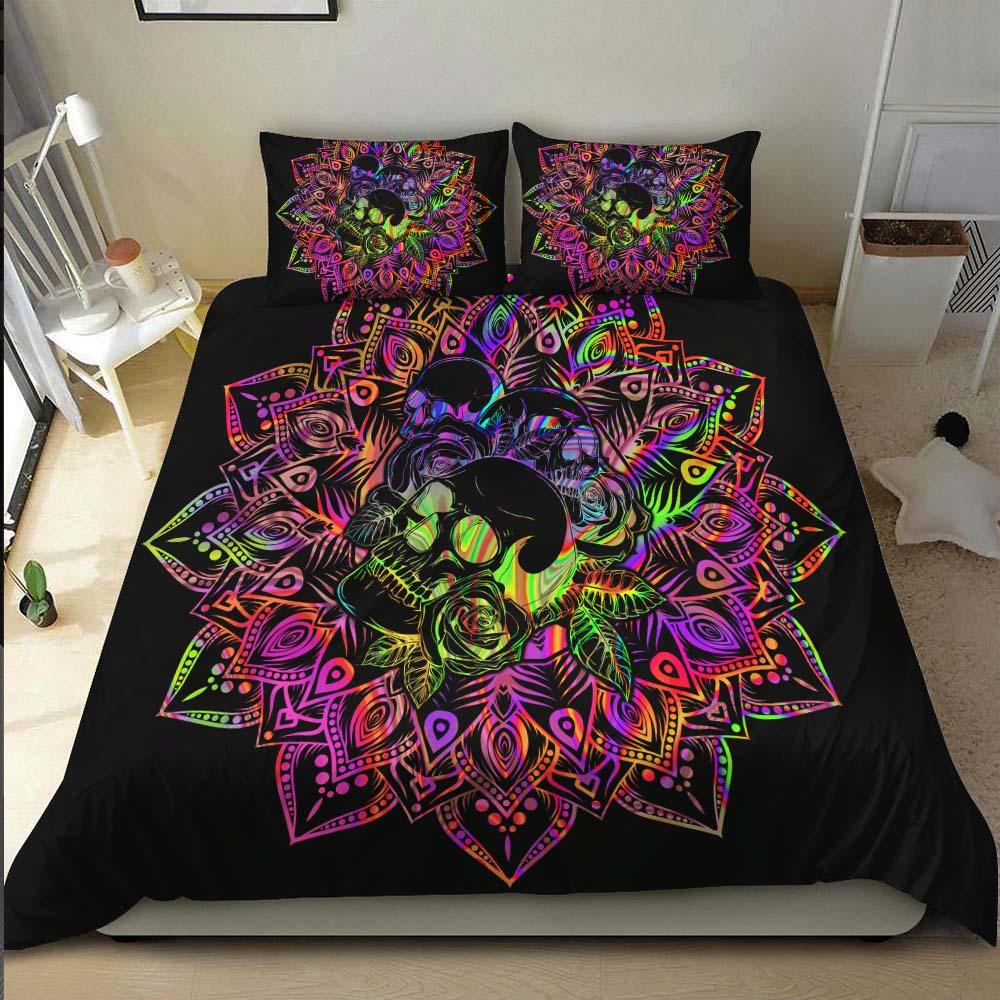 Holographic Mandala Skull With Flower Duvet Cover Set - Wonder Skull