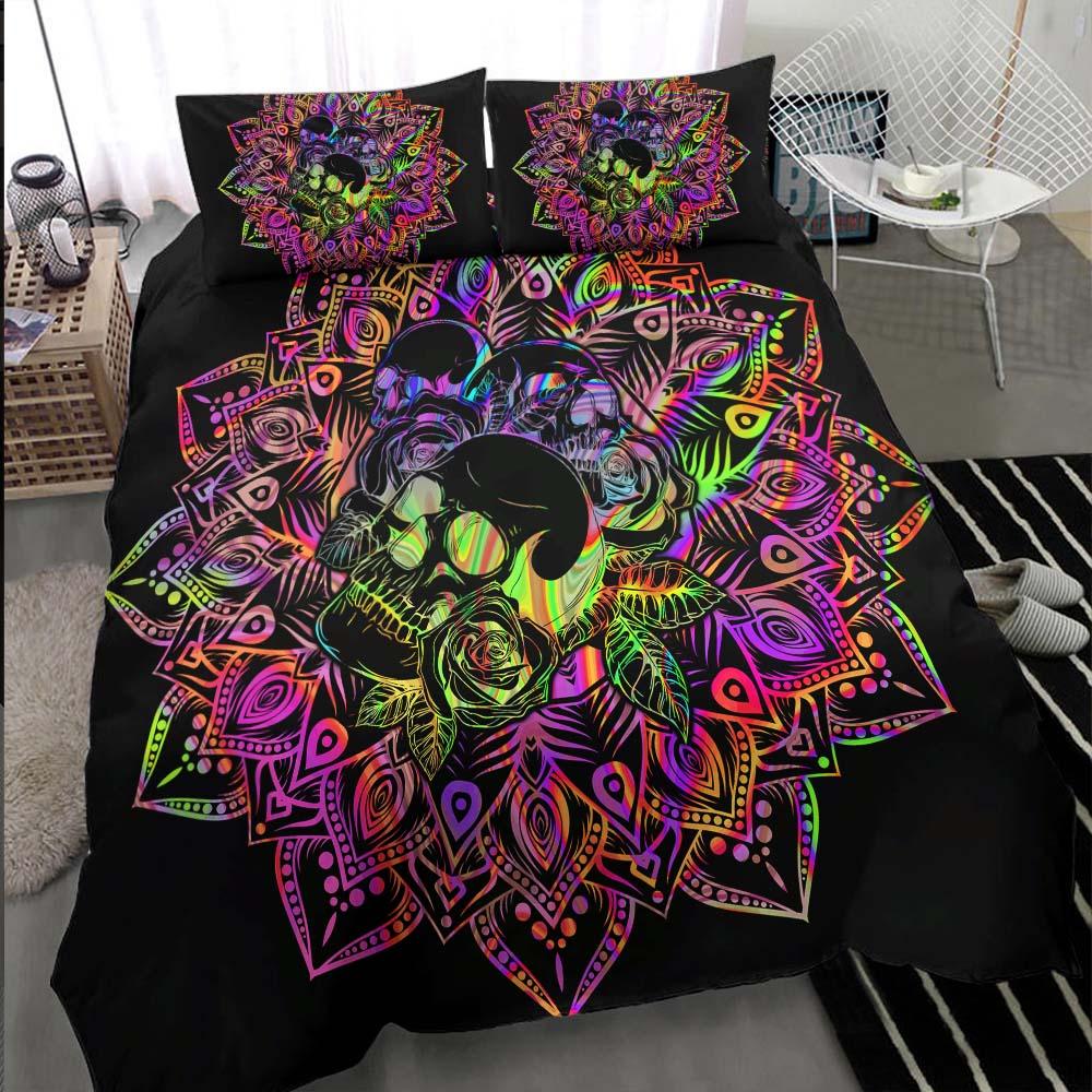 Holographic Mandala Skull With Flower Duvet Cover Set - Wonder Skull