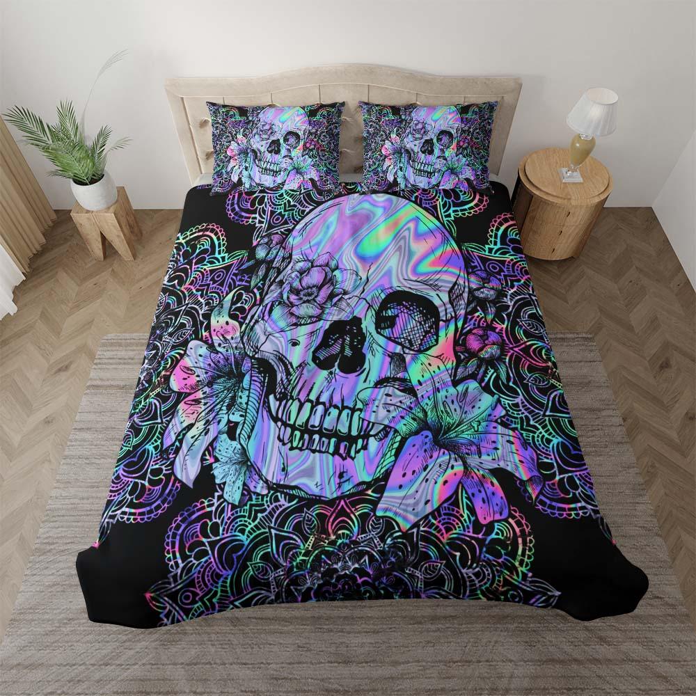 Holographic Mandala Skull Lily Flowers Duvet Cover Set - Wonder Skull
