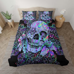 Holographic Mandala Skull Lily Flowers Duvet Cover Set - Wonder Skull