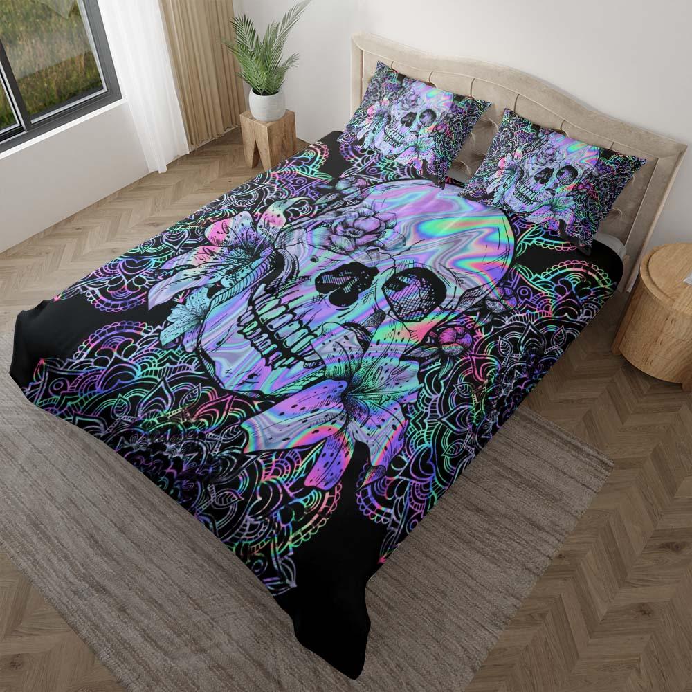 Holographic Mandala Skull Lily Flowers Duvet Cover Set - Wonder Skull