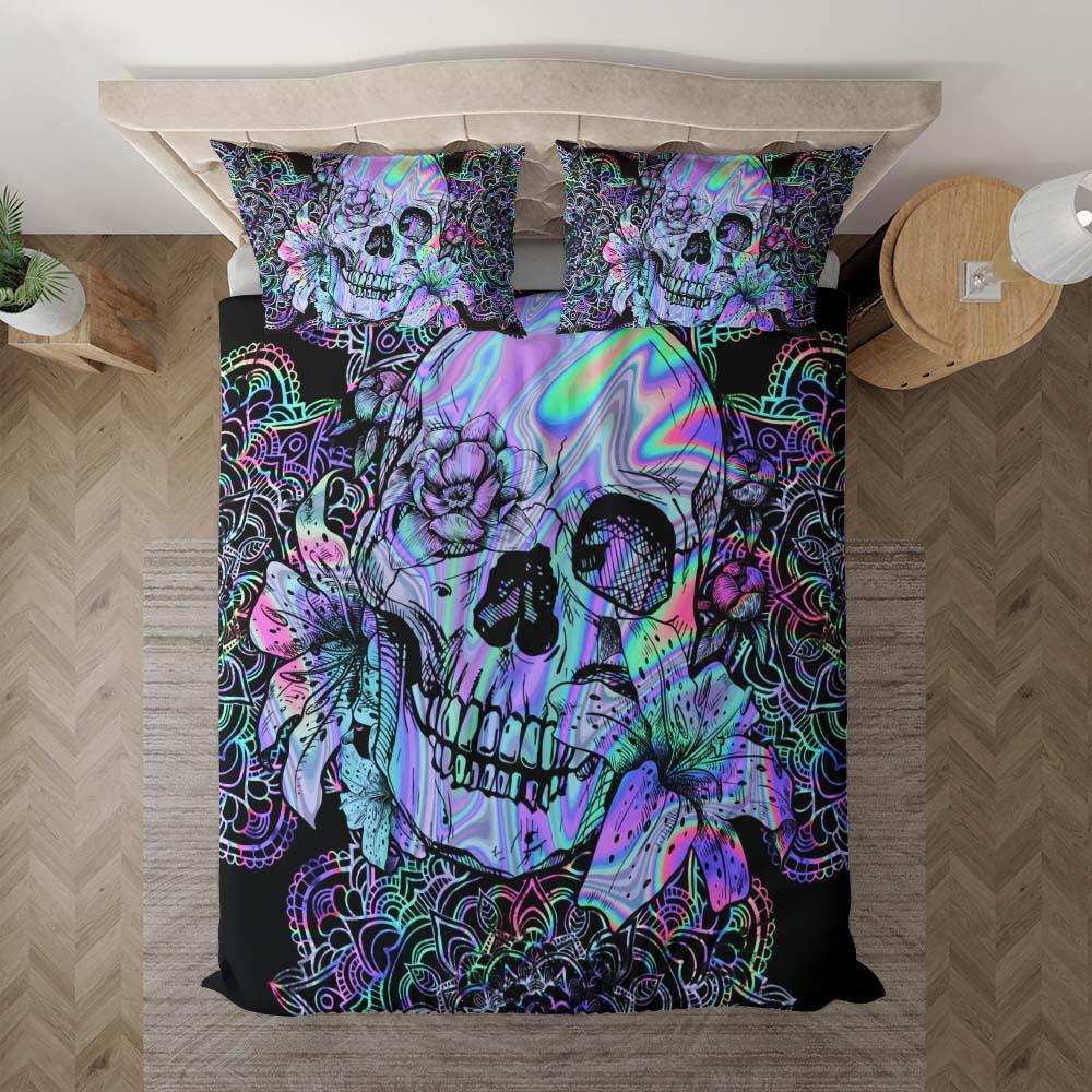 Holographic Mandala Skull Lily Flowers Duvet Cover Set - Wonder Skull
